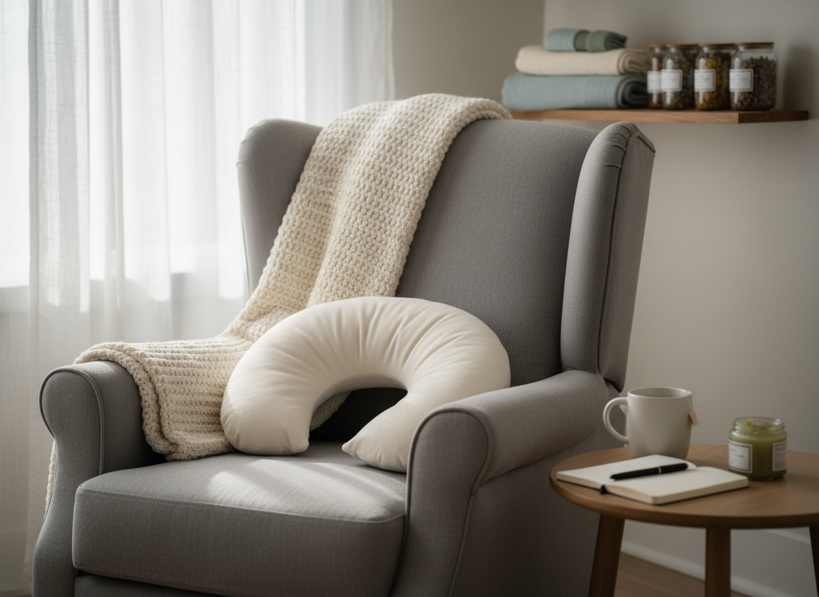 A tranquil postpartum recovery nook featuring a plush reclining armchair upholstered in soft dove-gray fabric, a knitted cream throw draped over one arm, and a supportive nursing pillow resting neatly in the seat. Beside it, a small round wooden side table holds herbal tea in a matte white mug, a glass jar of soothing salve, and a journal with a pen. A nearby shelf displays neatly folded organic cotton blankets and labeled glass jars of herbal bath blends. Natural afternoon light filters in through a nearby window, softened by sheer curtains, creating gentle highlights on fabric textures. Photographic realism, captured from a three-quarter angle with a shallow depth of field, emphasizing the chair and table while the background fades into a soft blur, evoking comfort, rest, and careful postpartum support.