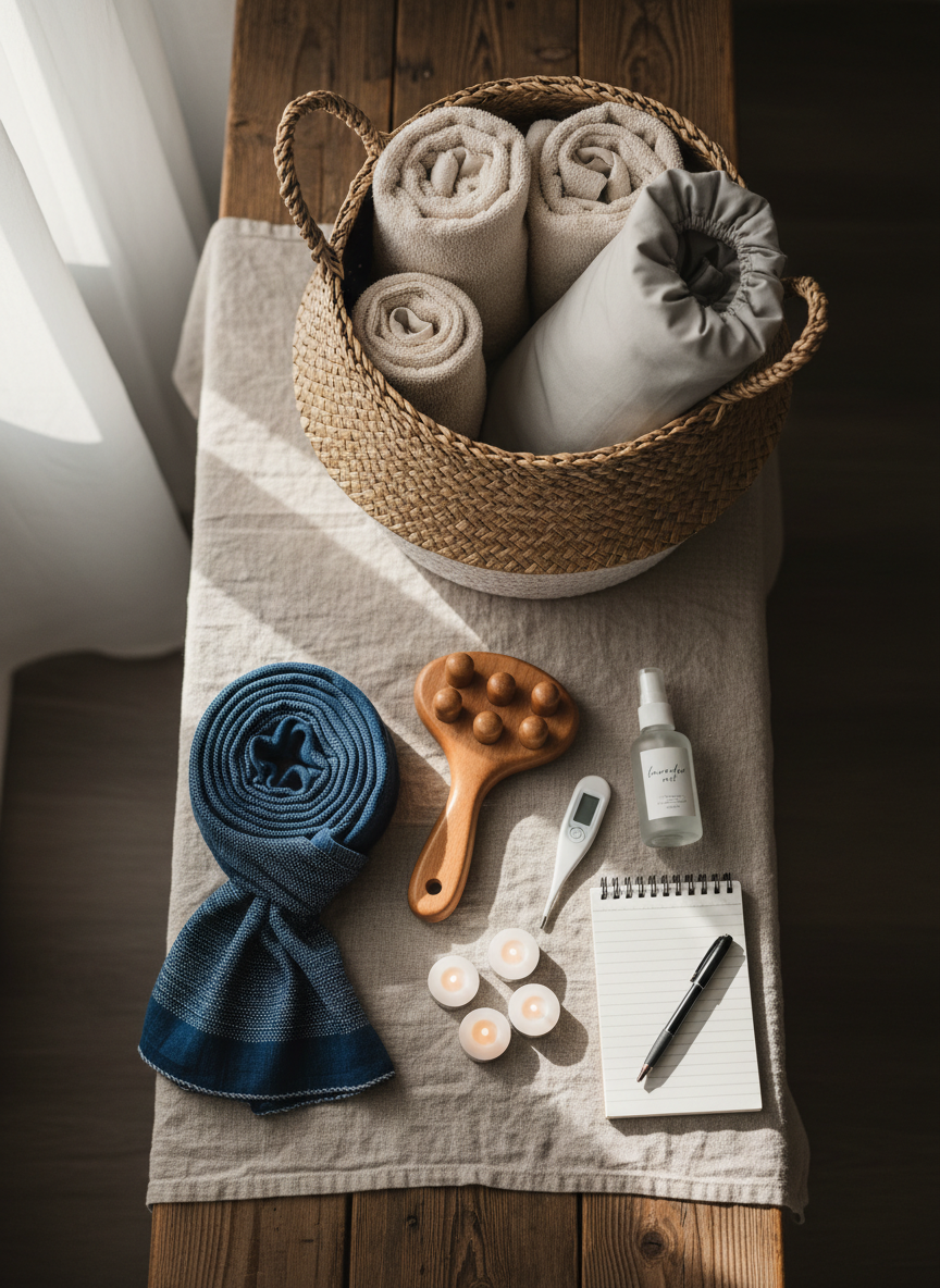 A carefully arranged doula support kit laid out on a natural linen cloth atop a wooden bench: a neatly coiled rebozo scarf in deep indigo cotton, a handheld wooden massager, battery-operated tea lights, a small spray bottle labeled “lavender mist,” a digital thermometer, and a lined notepad with a pen. Behind, a woven basket holds rolled towels and a folded birth ball cover. Soft morning light from a nearby unseen window creates gentle directional shadows and subtle highlights on the fabrics and wood grain. Photographic realism, shot from a directly overhead bird’s-eye view with sharp focus across the entire frame, creating an organized, calm, and professional impression of preparedness and compassionate birth support.