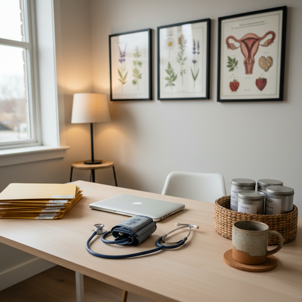 An organized midwifery consultation space featuring a smooth light-wood desk with a stethoscope, blood pressure cuff, neatly stacked client folders, and a closed laptop arranged with intention. On the wall behind, framed botanical prints and an anatomical illustration of pregnancy add subtle educational detail. A small woven basket holds herbal tea tins beside a clay mug on a cork coaster. Soft overcast daylight enters from a side window, complemented by a warm desk lamp, creating a balanced, gentle light with soft shadows. Photographic realism, captured from a slightly elevated angle using the rule of thirds, with a shallow depth of field that keeps the desk in sharp focus while the background softly blurs, conveying professionalism, calm, and trustworthiness.