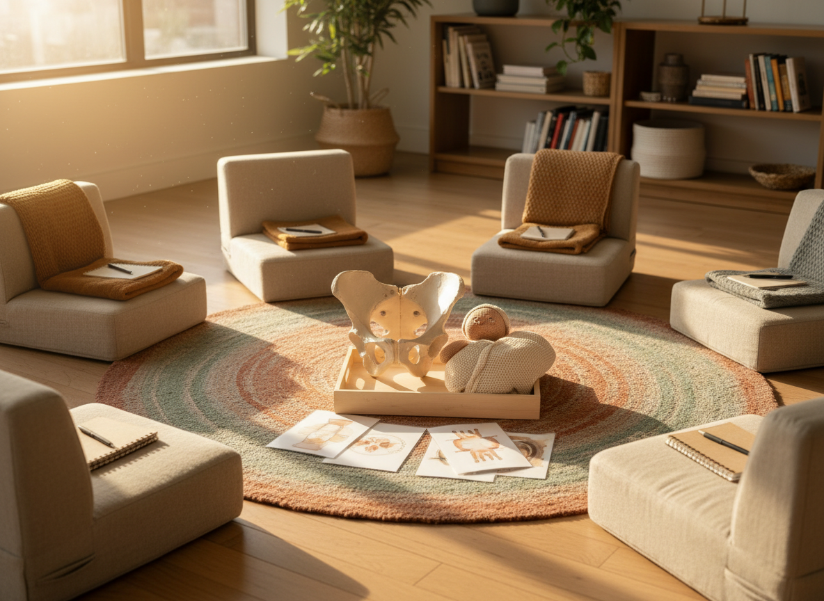 A cozy childbirth education setting with a low round wool rug in muted earth tones centered on a hardwood floor, surrounded by a semi-circle of empty cushioned floor chairs, each with a folded blanket and small notebook placed neatly on the seat. In the middle, a realistic birth pelvis model, a soft newborn-sized knit doll wrapped in a neutral swaddle, and laminated visual aids are arranged thoughtfully on a light wooden tray. Warm golden-hour sunlight streams through a large window, creating long, gentle shadows and a nurturing glow. Photographic realism, eye-level composition, moderate depth of field keeping all teaching materials crisp while the distant shelves of neatly arranged books and plants blur slightly, conveying a calm, informative, and supportive learning environment.