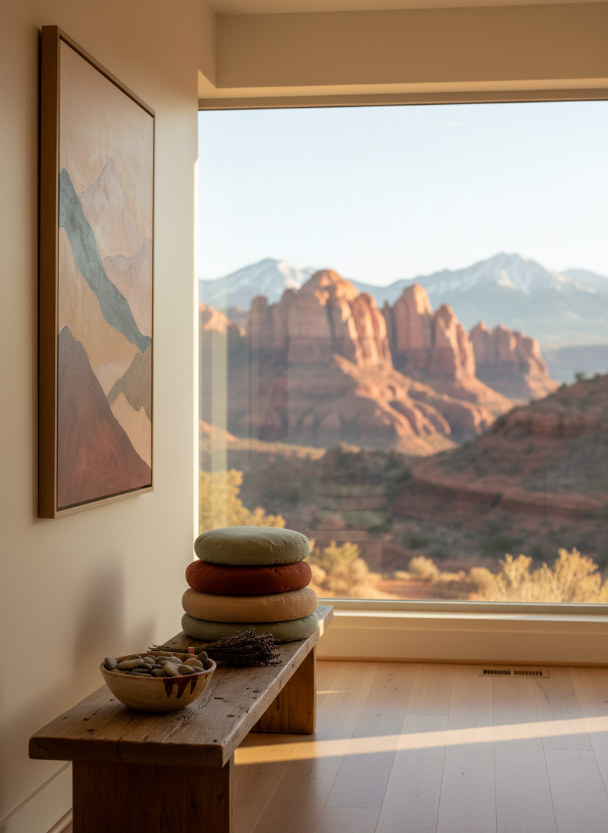 A serene Utah-inspired wellness room with a large landscape window revealing soft-focused red rock formations and snow-capped mountains in the distance. Inside, a low reclaimed-wood bench holds neatly stacked meditation cushions in muted desert tones—rust, sand, and sage—beside a ceramic bowl filled with smooth river stones and a small bundle of dried lavender. The walls are painted a warm off-white, with a single framed abstract print suggesting mountain silhouettes. Late afternoon light pours in, creating a golden, tranquil atmosphere with long, gentle shadows stretching across the smooth floor. Photographic realism, wide-angle composition at eye level, balanced framing that places the bench on the lower third, evoking groundedness, nature connection, and holistic wellness aligned with midwifery care.