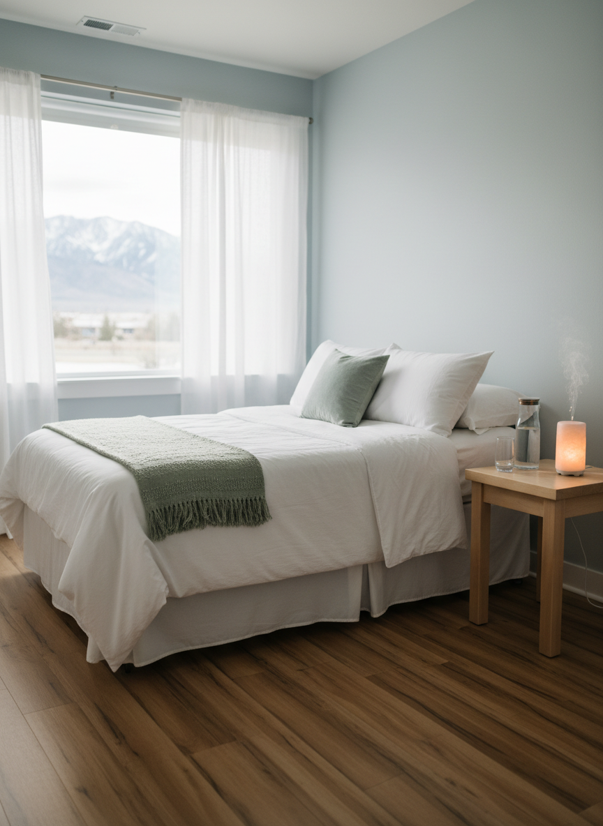 A neatly made birthing center bed draped in soft white cotton linens with a textured sage-green throw folded at the foot, a simple wooden side table holding a glass carafe of water, a small salt lamp, and a ceramic essential oil diffuser releasing a delicate mist. The room is framed by warm, natural wood floors and pale, calming blue-gray walls, with a large window revealing a hint of distant Utah mountains. Soft, diffused morning sunlight filters through sheer curtains, casting gentle shadows and a peaceful glow. Photographic realism, shot at eye level with a slight wide-angle lens, balanced composition and moderate depth of field, creating a serene, professional, and welcoming atmosphere ideal for midwifery and wellness care.