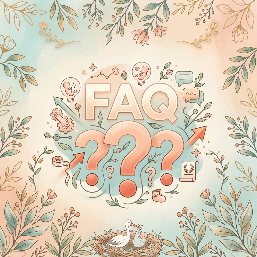 FAQ with question marks, light bulbs, gears, and support icons illustrating key FAQ topics and quick answers.